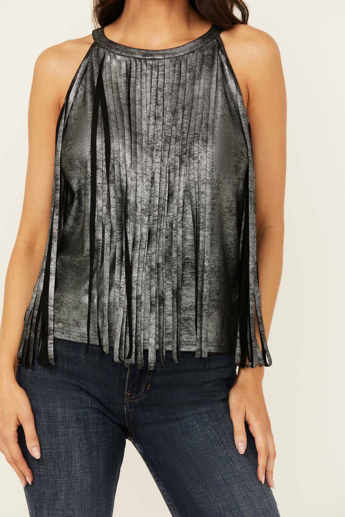 Prescott Foiled Faux Suede Fringe Tank