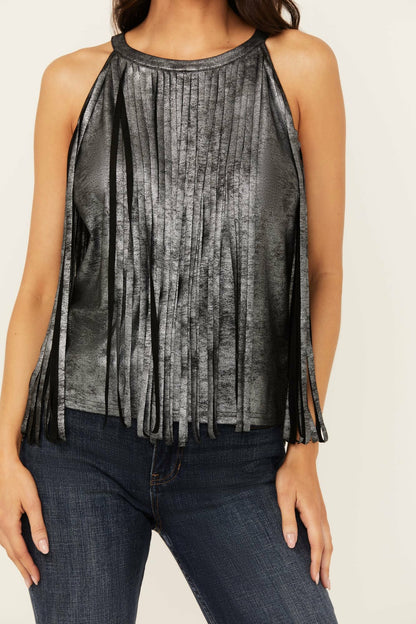 Prescott Foiled Faux Suede Fringe Tank