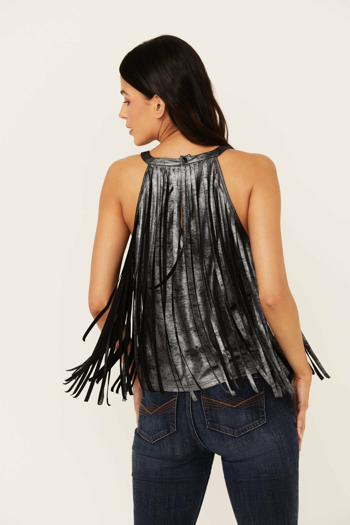 Prescott Foiled Faux Suede Fringe Tank