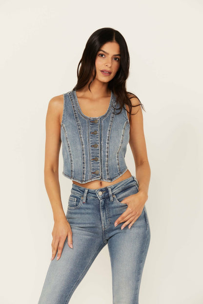 Medium Wash Embellished Stretch Denim Vest