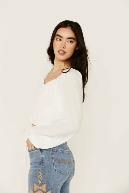Lena Smocked Long Sleeve Cropped Blouse