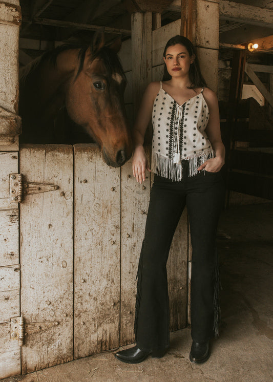 Sunnett Embroidered Fringe Hanky Hem Tank