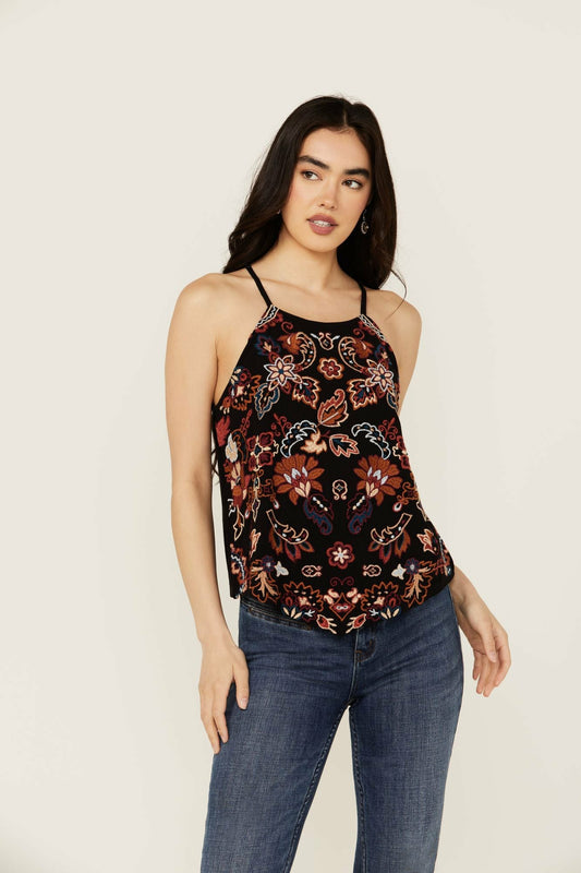Scrolling Floral Haze Embroidered Sleeveless Top