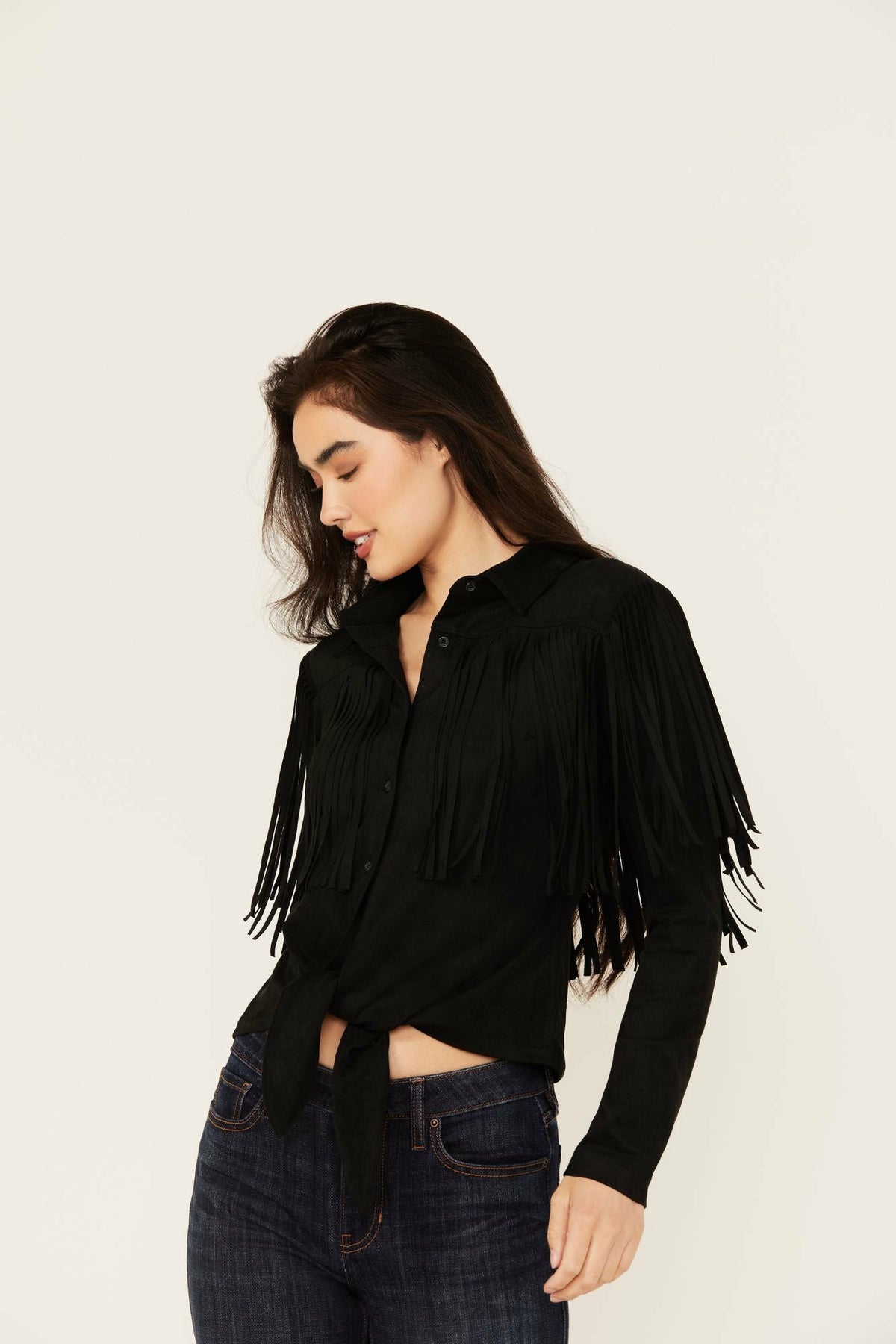 Fate Faux Suede Fringe Long Sleeve Button-Down Tie-Front Shirt