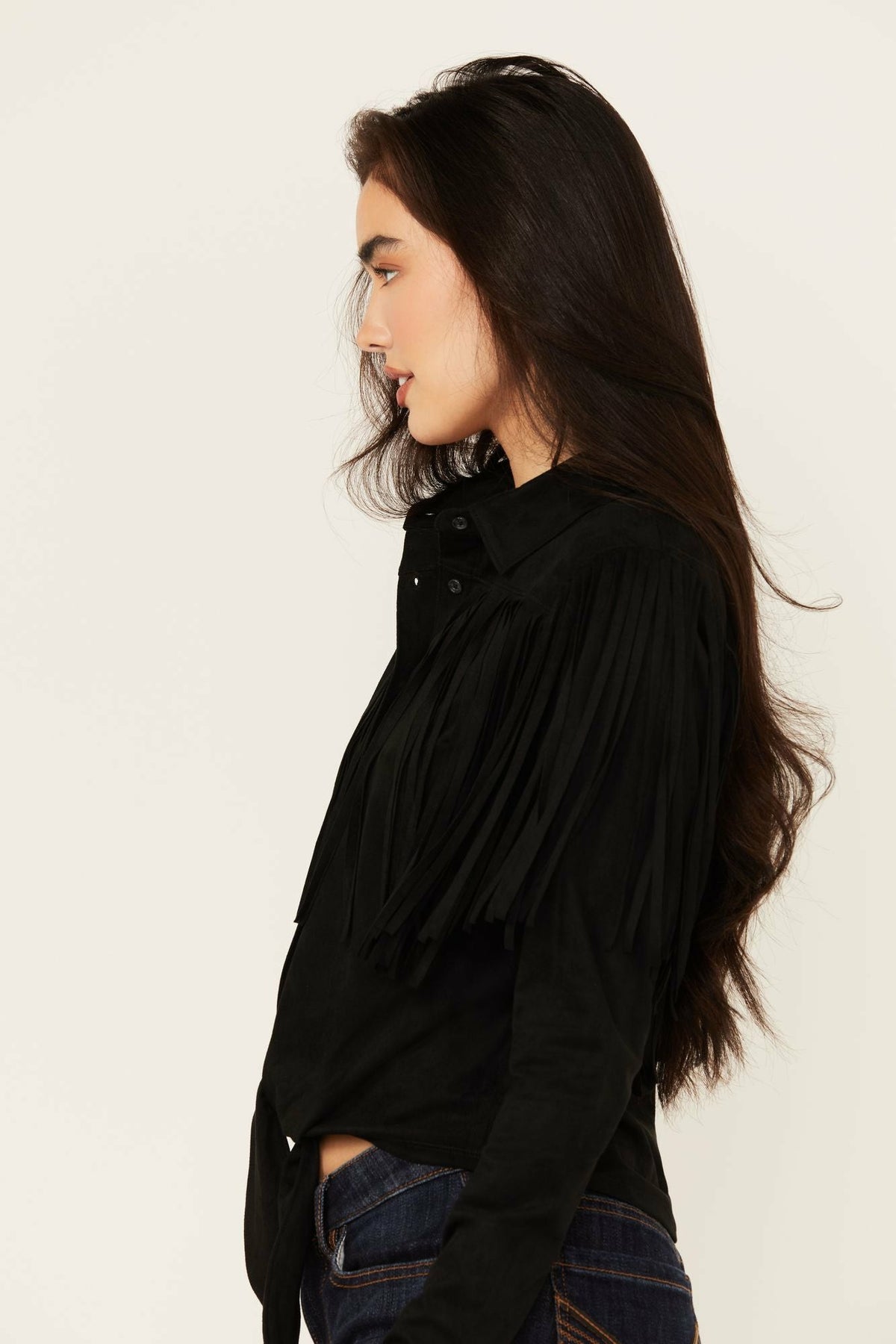 Fate Faux Suede Fringe Long Sleeve Button-Down Tie-Front Shirt