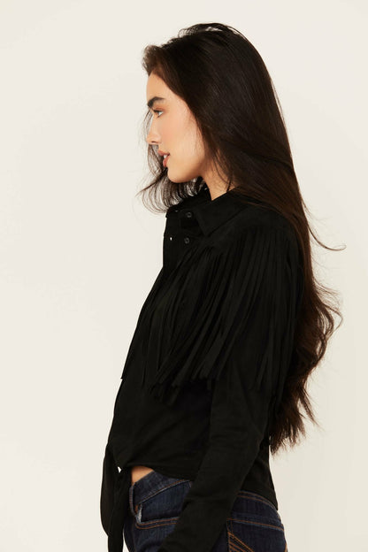 Fate Faux Suede Fringe Long Sleeve Button-Down Tie-Front Shirt