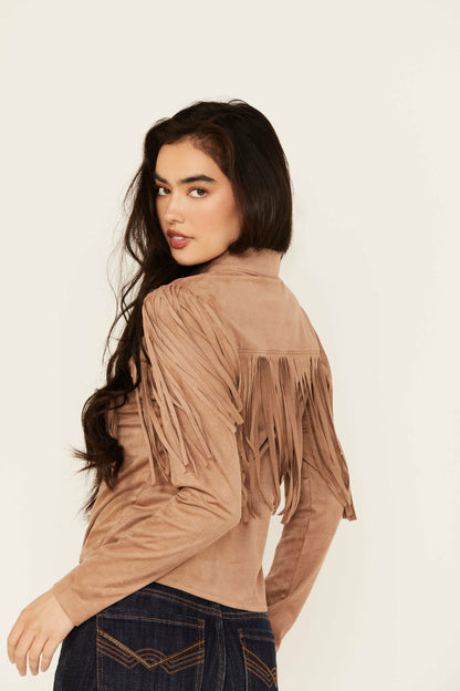 Fate Faux Suede Fringe Long Sleeve Button-Down Tie-Front Shirt
