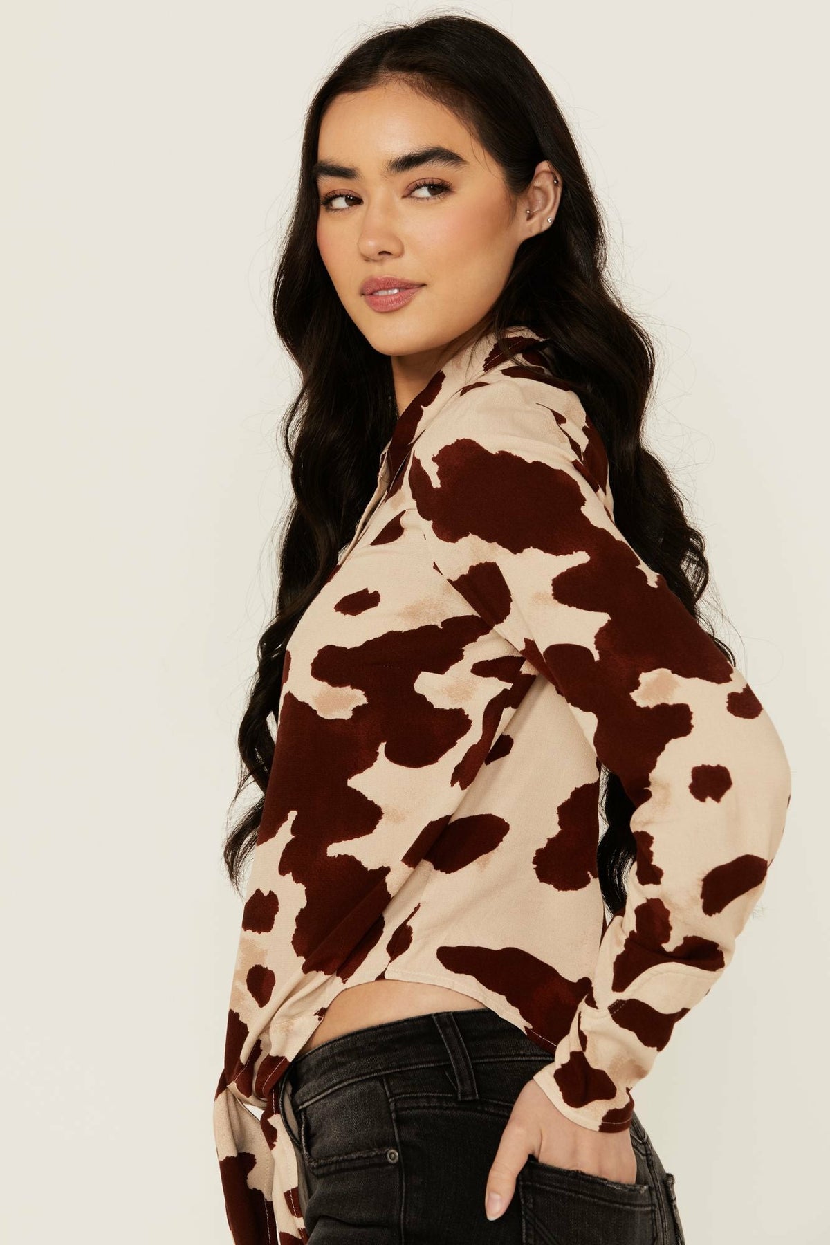 Jeny Cow Print Long Sleeve Snap Tie-Front Western Shirt
