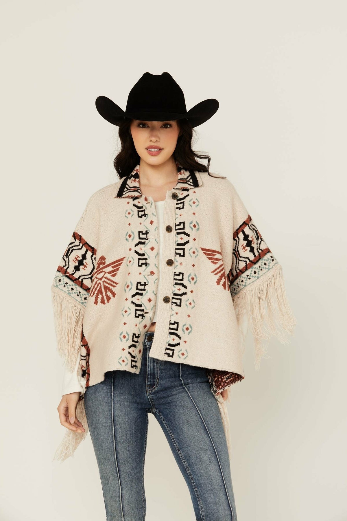 Flyaway Southwestern Print Fringe Button-Down Poncho