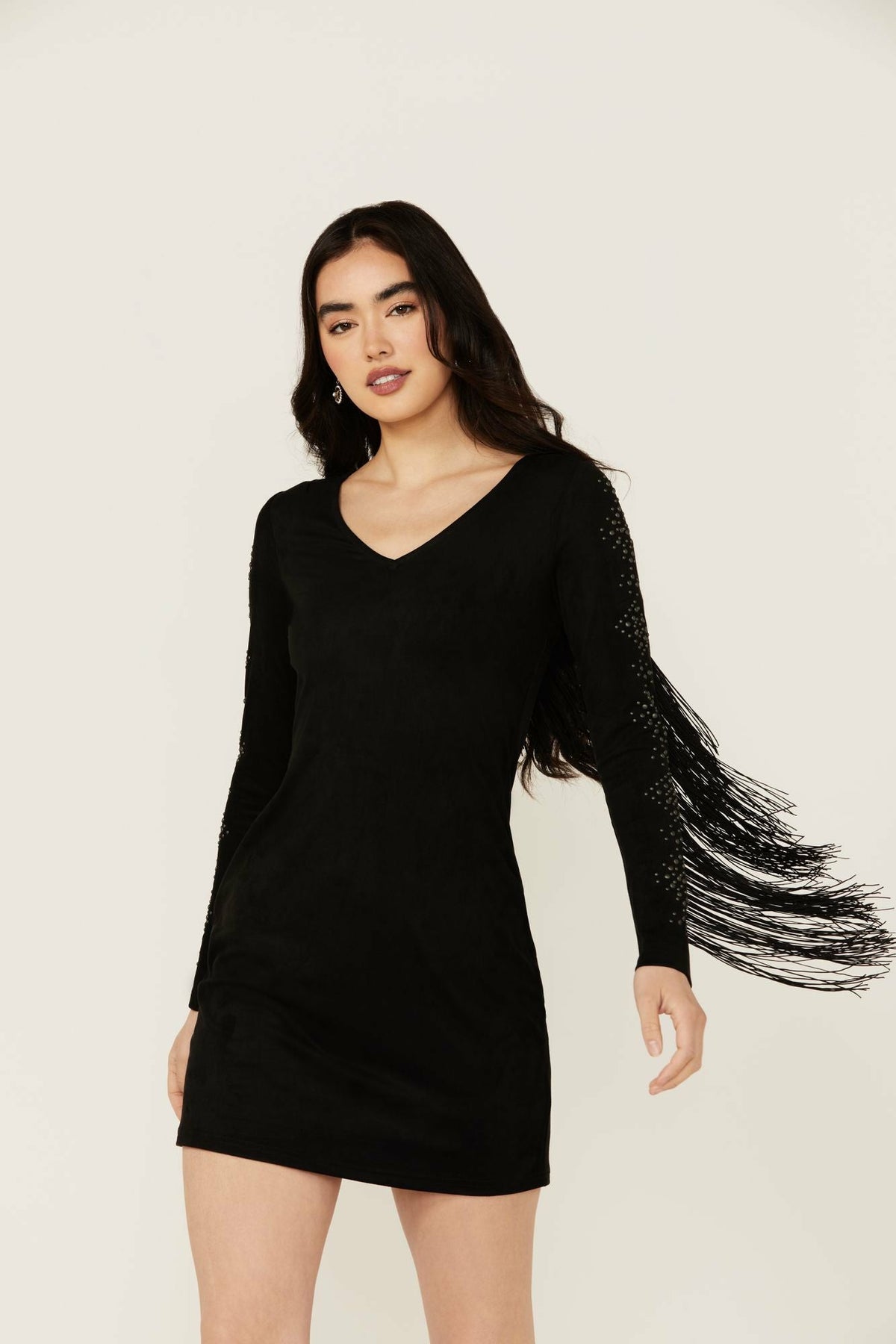 Lois Studded Long Sleeve Fringe Mini Dress