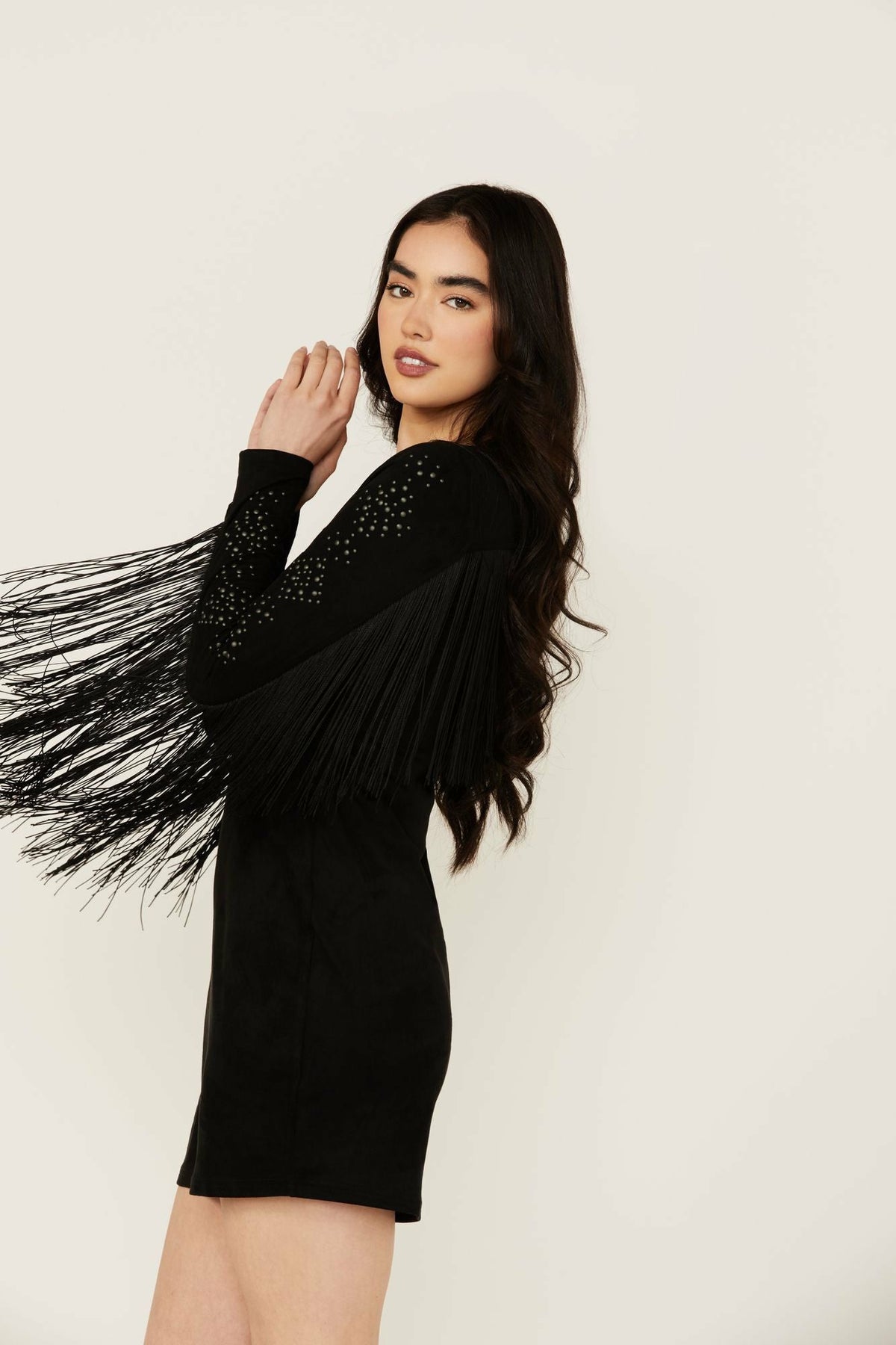 Lois Studded Long Sleeve Fringe Mini Dress