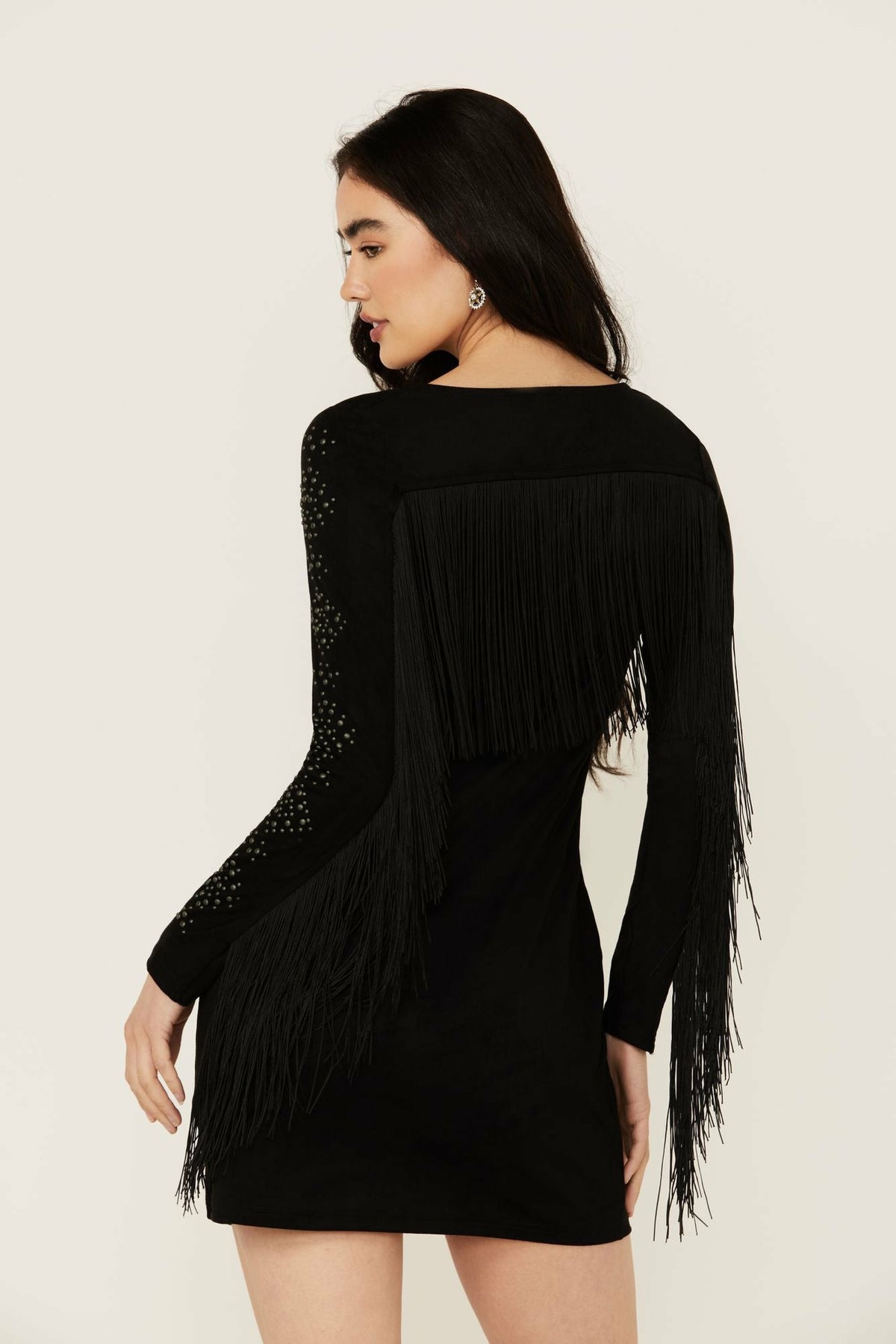 Lois Studded Long Sleeve Fringe Mini Dress