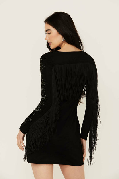 Lois Studded Long Sleeve Fringe Mini Dress