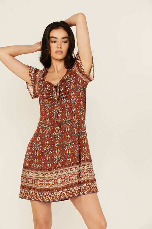 Saxony Tapestry Print Short Sleeve Mini Dress