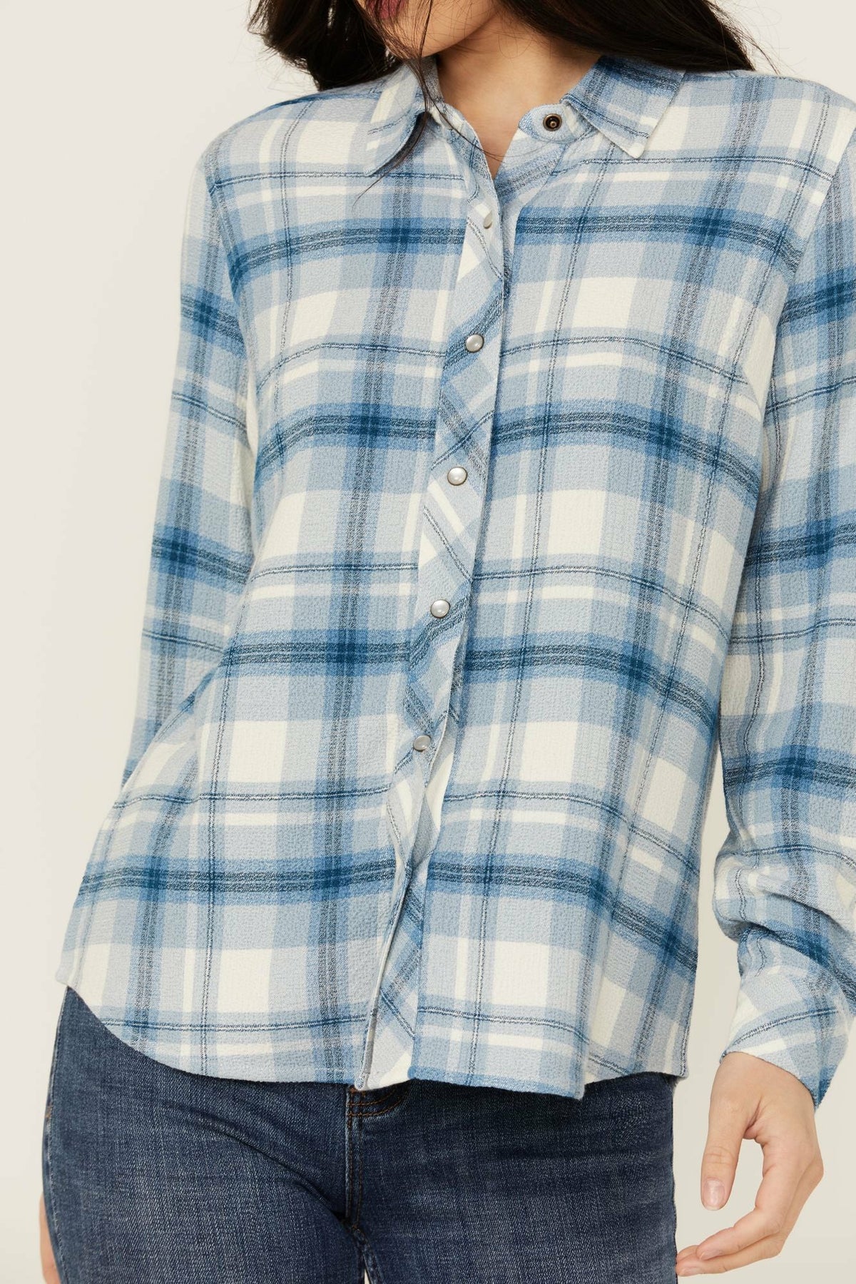 Viola Featherlight Blue Plaid Print Pearl Snap Western Shirt
