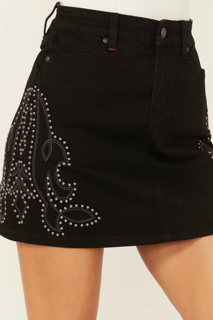 Burbank Embroidered And Studded Stretch Denim Skirt