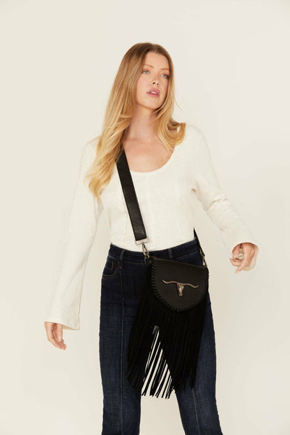 Esperanza Longhorn Leather Fringe Crossbody Bag