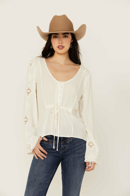 Sharondale Button-Down Embroidered Bell Sleeve Top