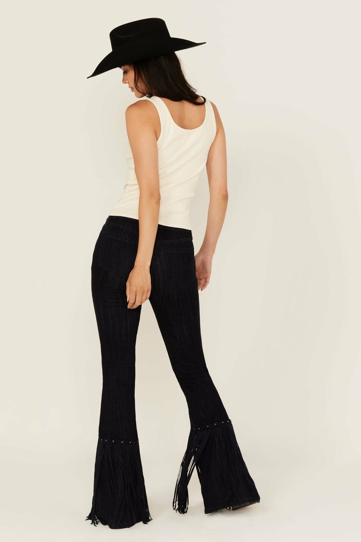 Magnolia Dark Wash Outlaw High Rise Studded Fringe Super Stretch Flare Jeans
