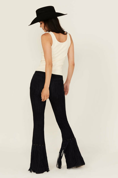 Magnolia Dark Wash Outlaw High Rise Studded Fringe Super Stretch Flare Jeans