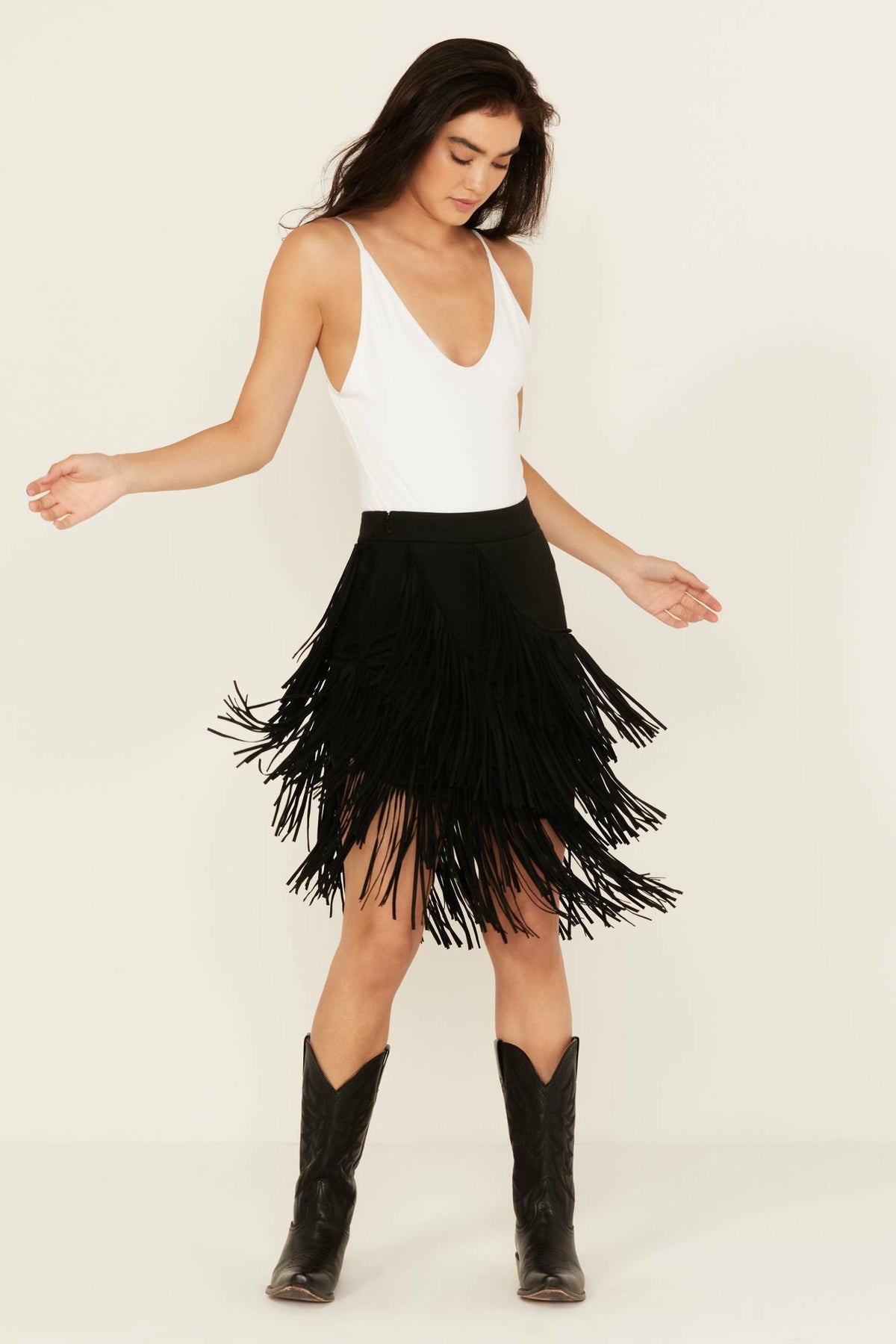 Tina Asymmetrical Faux Suede Fringe Mini Skirt