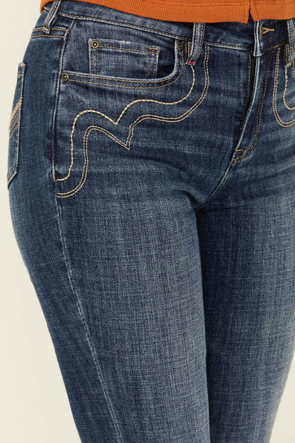 Vistaview Medium Wash Embroidered Flare Stretch Denim Jeans