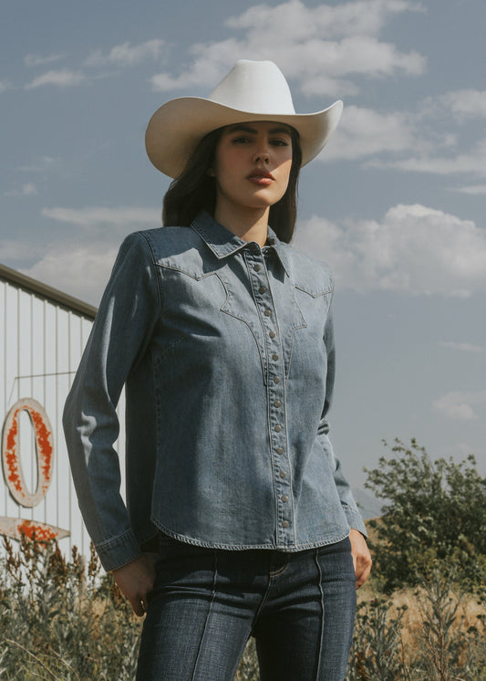 Huckleberry Medium Wash Long Sleeve Snap Western Shirt