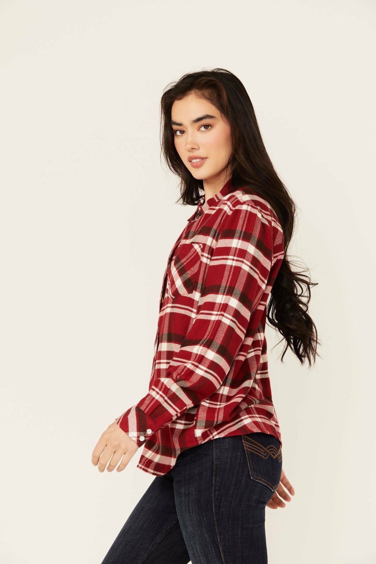 Flannel Plaid Print Long Sleeve Snap Shirt