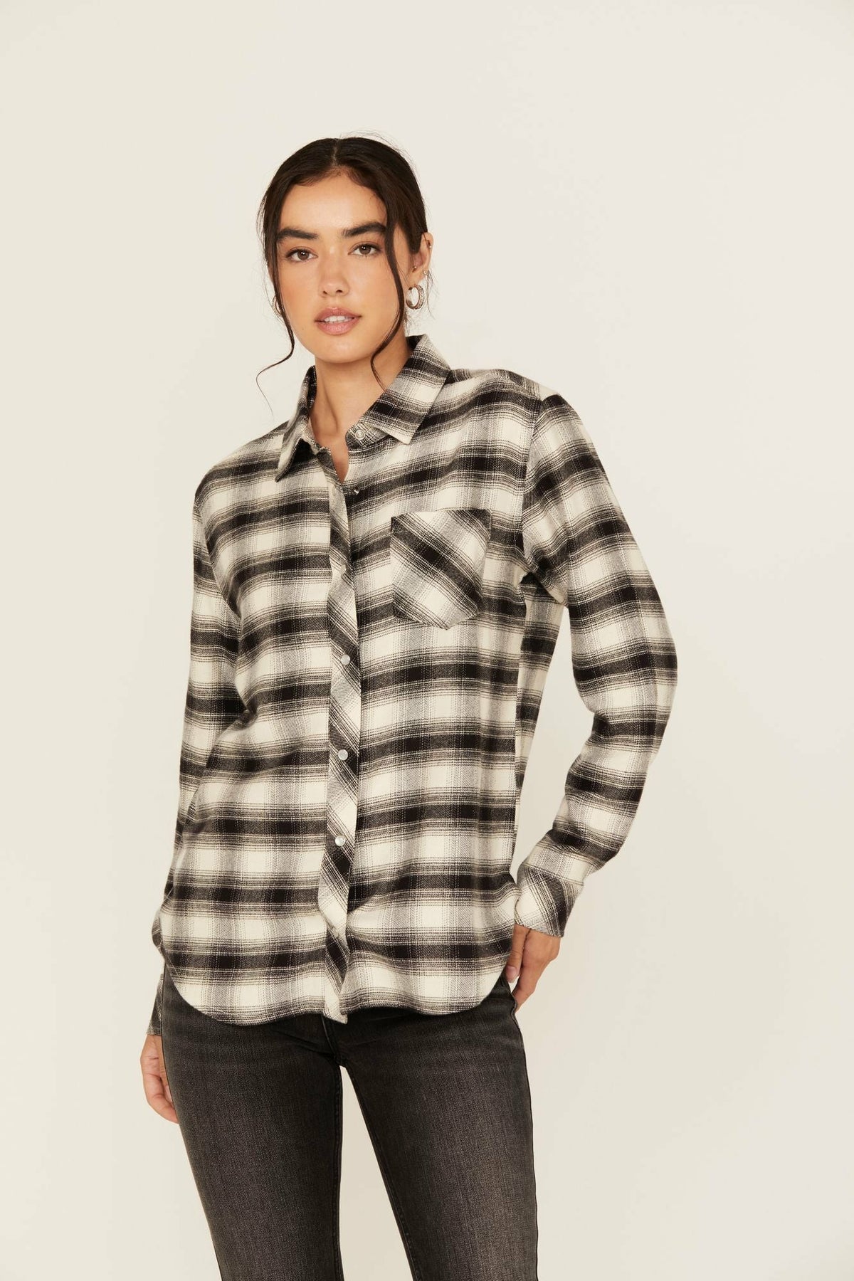 Flannel Plaid Print Long Sleeve Snap Shirt