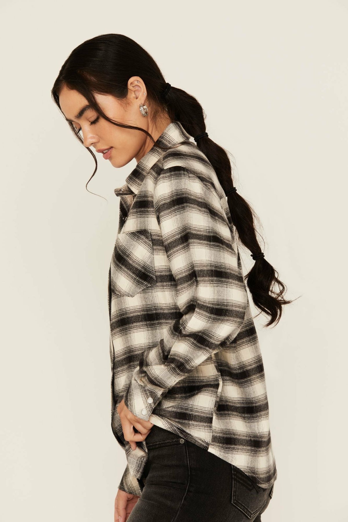 Flannel Plaid Print Long Sleeve Snap Shirt